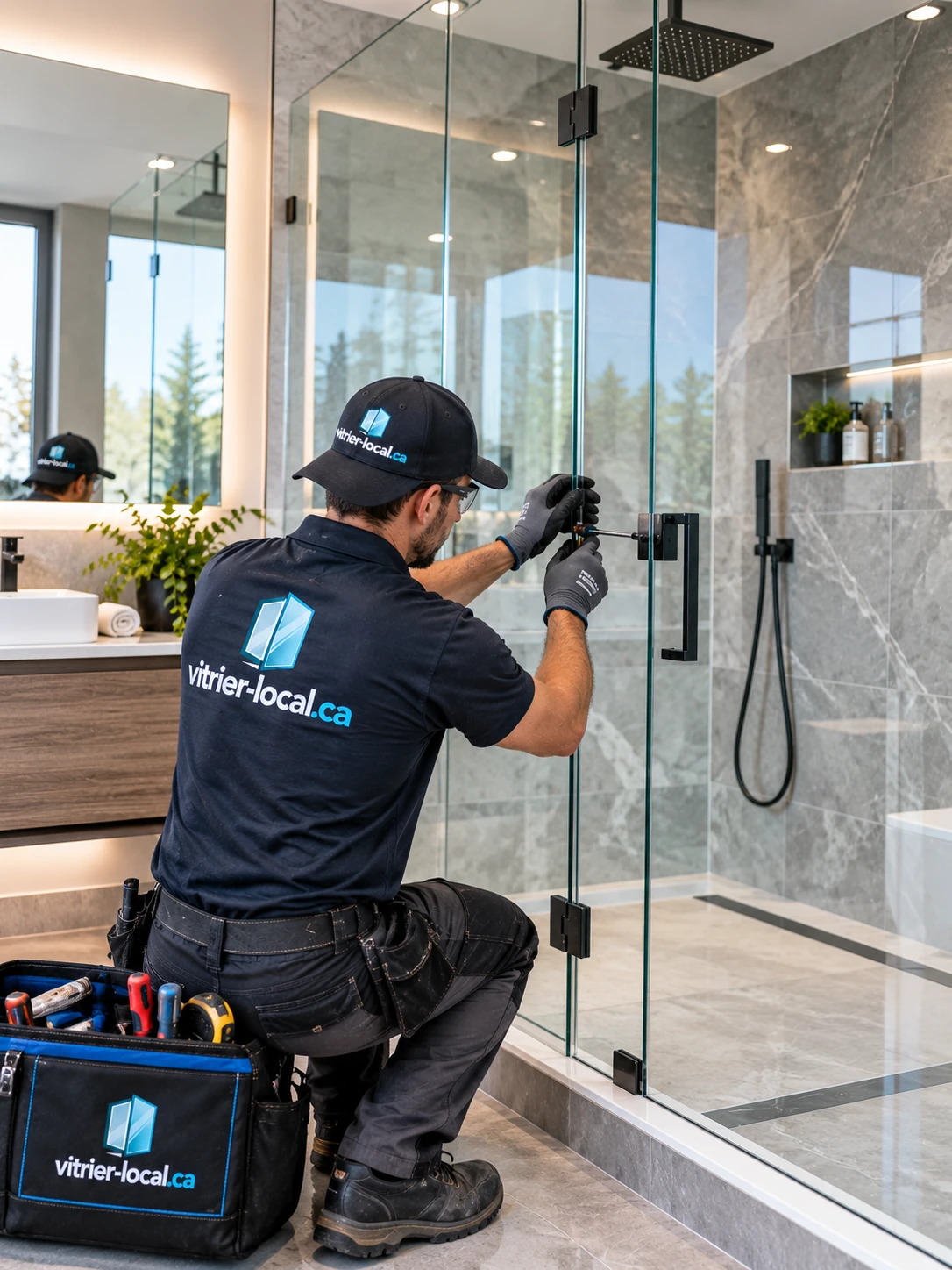 Installation d'une porte de douche en verre trempé dans une salle de bain